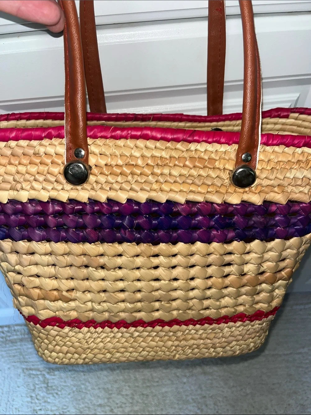 Woven Straw Basket Tote with Pink and Purple Accents